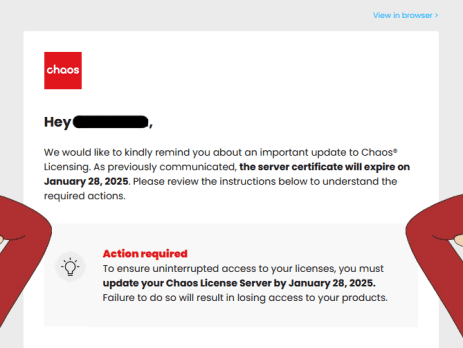 Chaos server certificate will expire _ Aggiornamento License Server